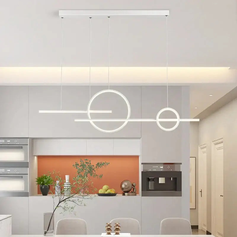 Modern white decorbites led pendant light with minimalist geometric intersecting circles for indoor dining bar use