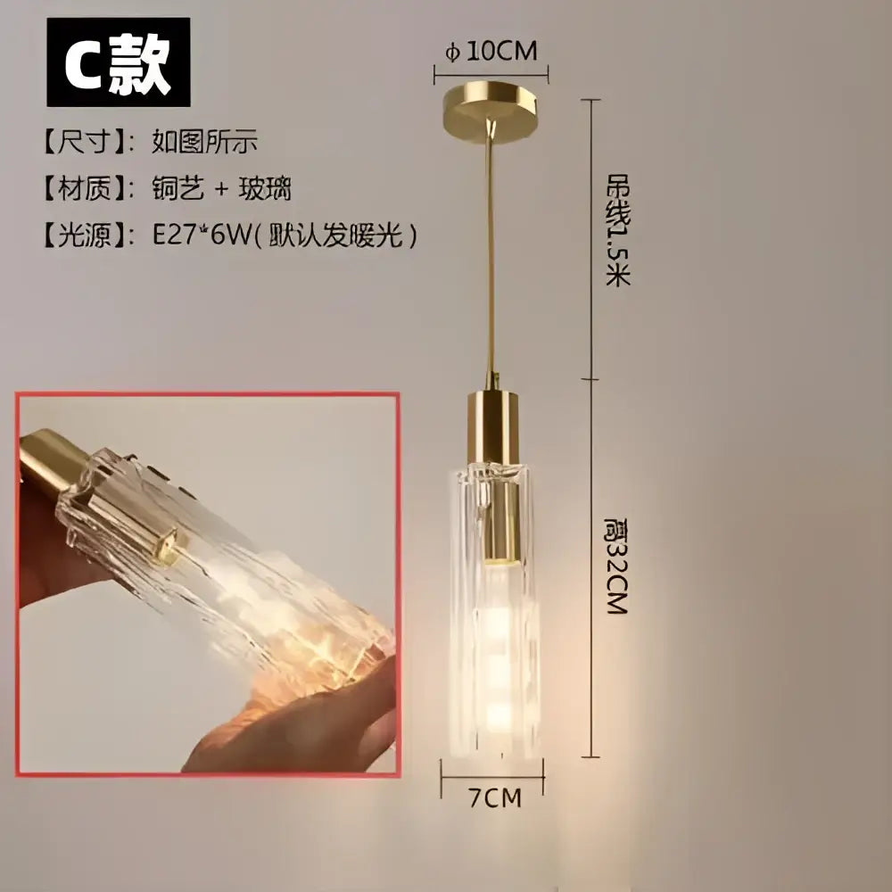 DecorBites led pendant light with brass metal top and clear textured glass cylinder housing led bulbs for modern decor
