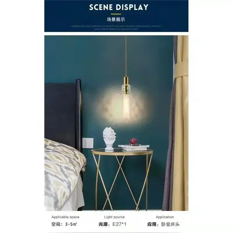 Gold-toned DecorBites LED pendant light with clear glass bulb and crystal accents on brass chain for modern home decor