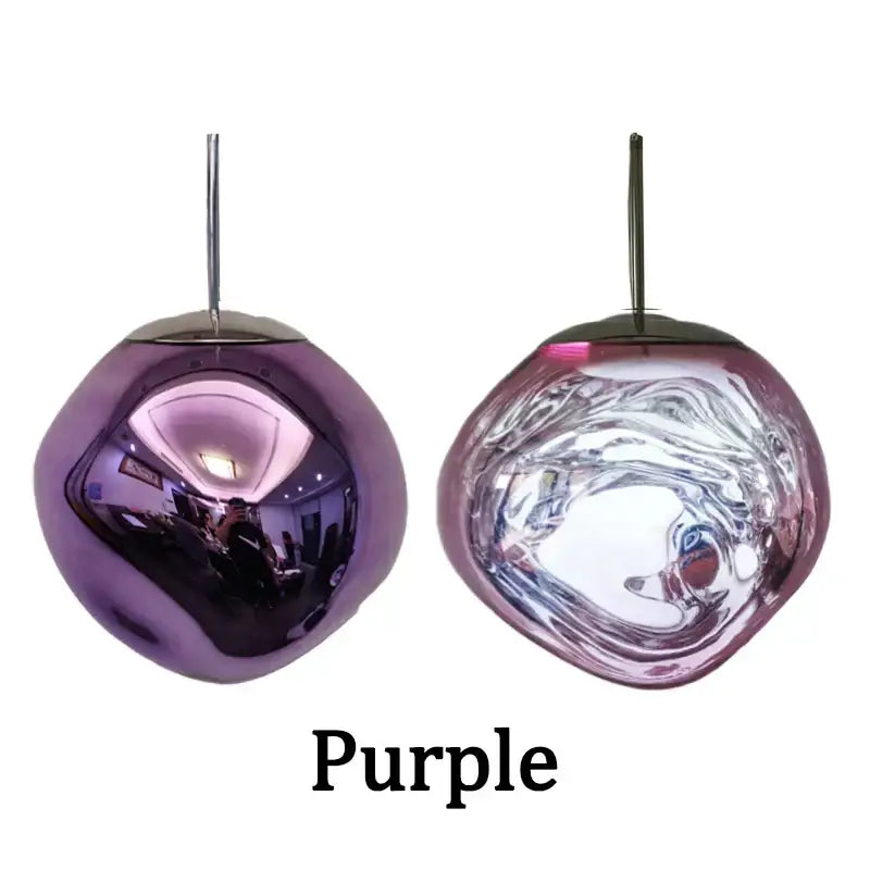 Purple glass pendant light with glossy reflective surface and swirling patterns decorbites led pendant for indoor use