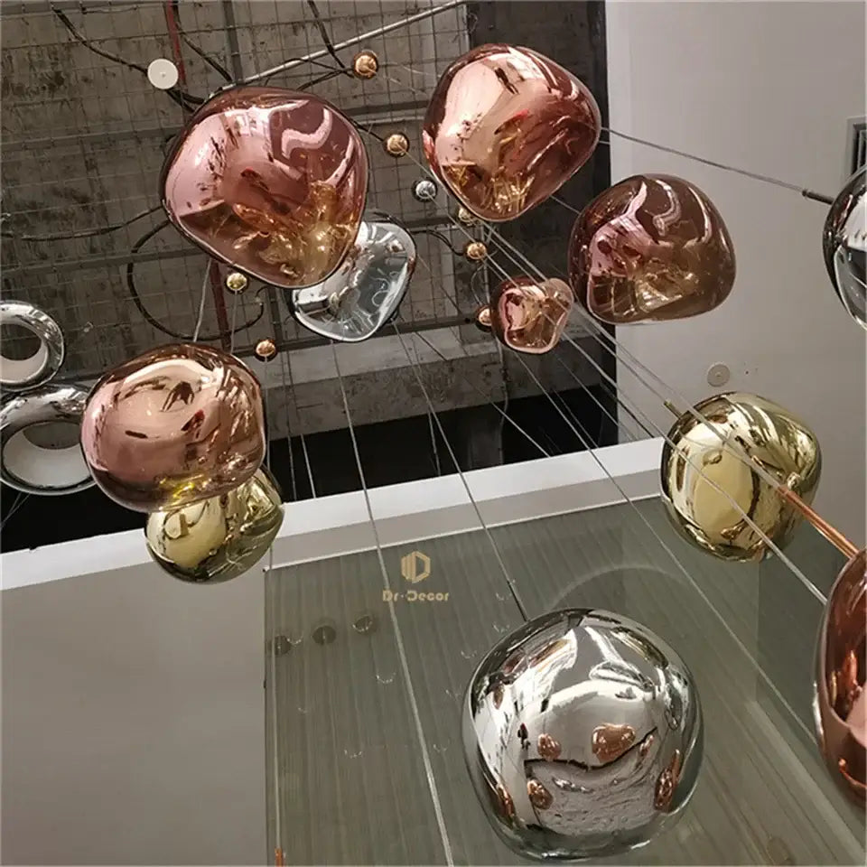 Modern decorbites led pendant light with glossy rose gold and silver glass orbs for indoor home decoration