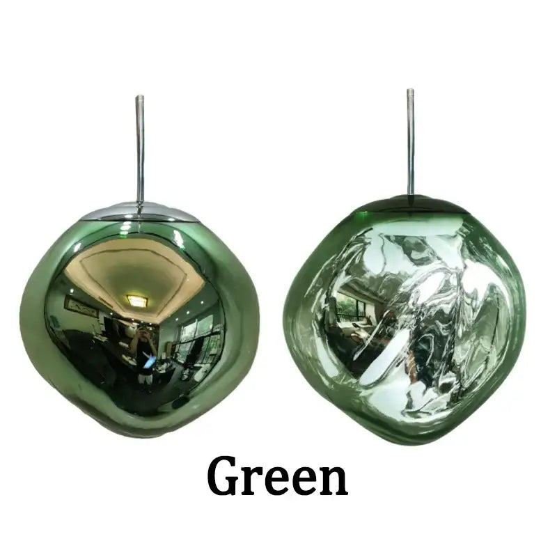 Two modern green glass spherical decorbites led pendant light with metallic rods for indoor home decoration