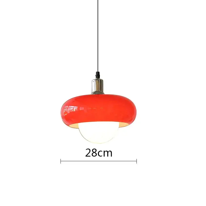 Vibrant red glossy glass decorbites led pendant light with chrome fixture and white globe for modern bedroom and dining room