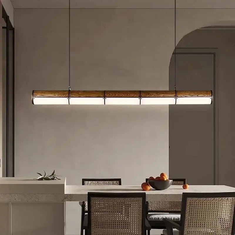 Modern rectangular decorbites led pendant light with warm wood finish and sleek metal accents for living and dining rooms