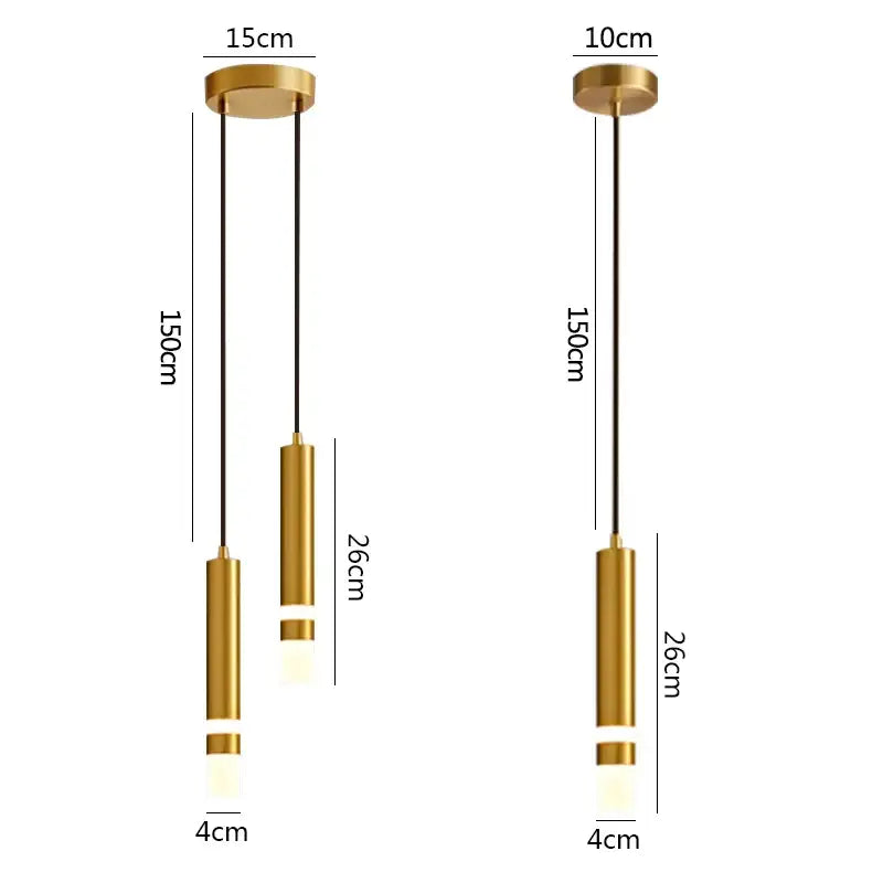 Two minimalist gold-toned cylindrical decorbites led pendant lights with metallic finish suspended by black cords