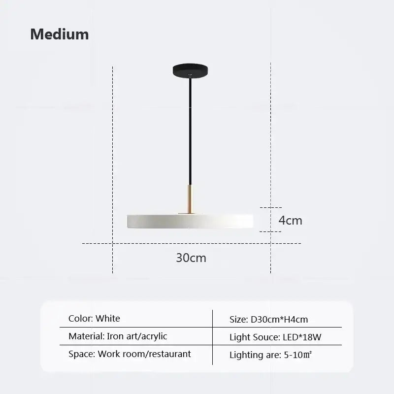 White circular decorbites led pendant light with black ceiling mount and gold iron art rod for indoor use