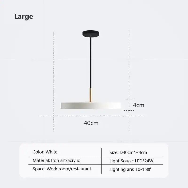 White circular decorbites led pendant light with black ceiling mount gold iron rod for indoor dining bedroom study use