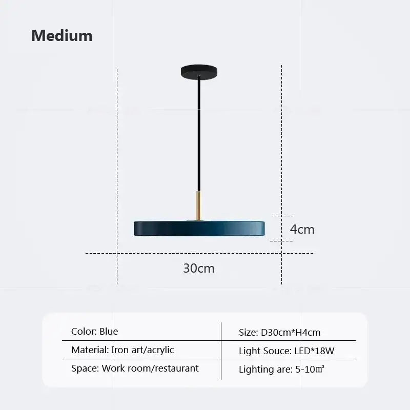 Medium blue decorbites led pendant light with black ceiling mount brass accent rod iron art acrylic indoor use