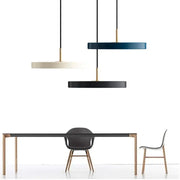 Three minimalist decorbites led pendant lights with iron shades in cream navy blue black for indoor living spaces