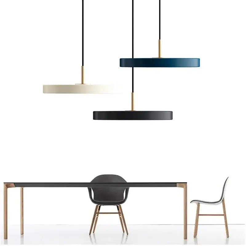 Three minimalist decorbites led pendant lights with iron shades in cream navy blue black for indoor living spaces