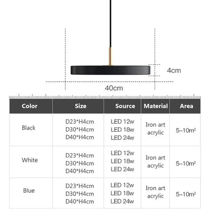 Black DecorBites™ LED pendant light with iron art acrylic disc and gold-toned rod for indoor dining and living spaces