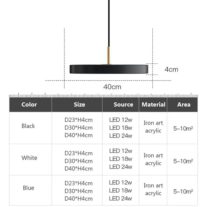 Black DecorBites™ LED pendant light with iron art acrylic disc and gold-toned rod for indoor dining and living spaces