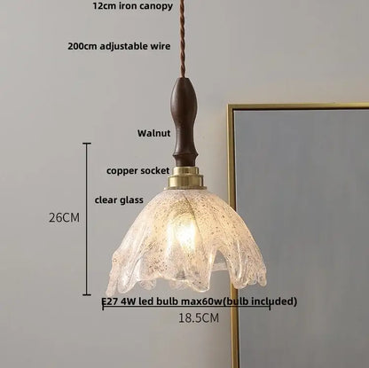 Decorbites™ led pendant light featuring a delicate white glass petal design with a walnut wood and copper socket canopy
