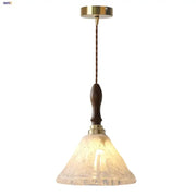 DecorBites™ led pendant light with warm-toned white textured glass, dark walnut wood handle, and brass copper socket accents