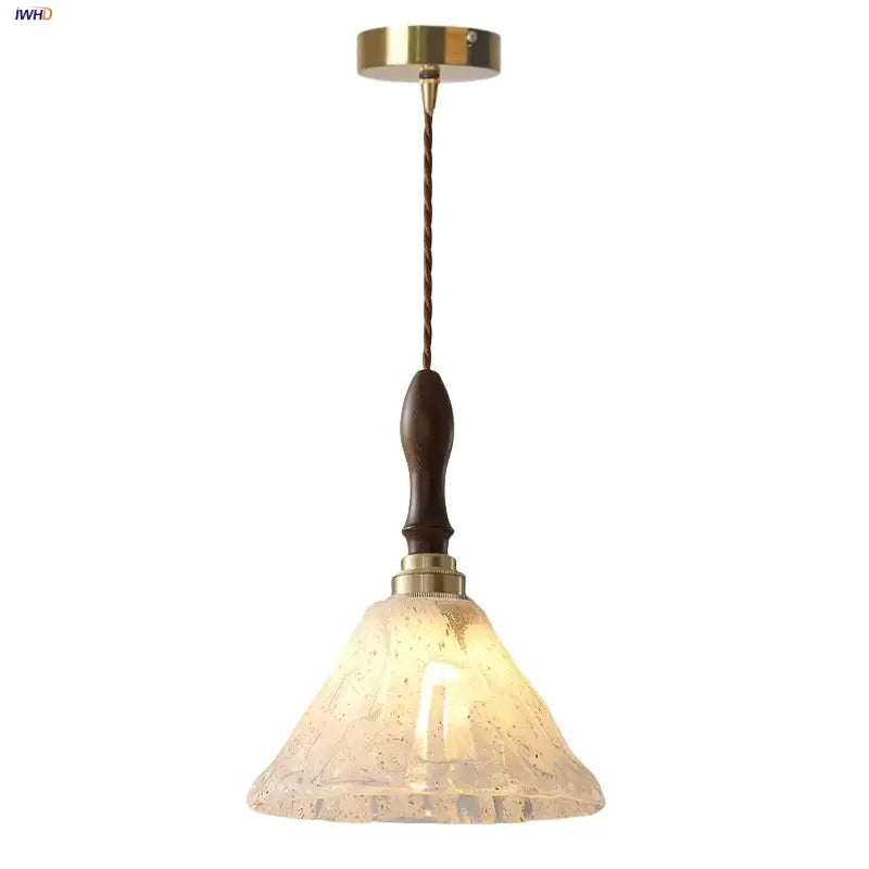 DecorBites™ led pendant light with warm-toned white textured glass, dark walnut wood handle, and brass copper socket accents