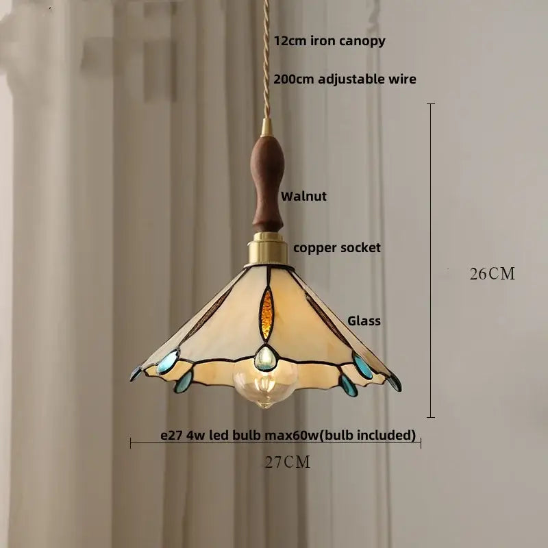 Decorbites led pendant light with vintage stained glass shade in cream teal amber and dark brown leaded lines