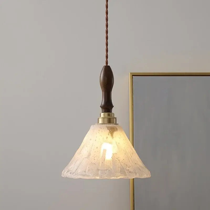 DecorBites™ led pendant light with warm-toned white glass, dark wood handle, and brass accents in Japan style