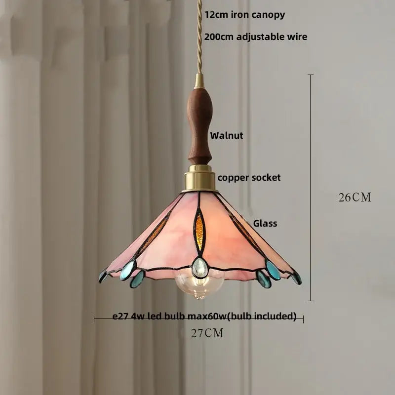 Decorbites™ led pendant light with delicate pink and teal stained glass, walnut wood handle, copper socket, and iron canopy