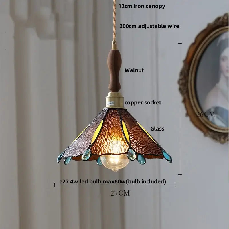 DecorBites™ led pendant light with warm-toned stained glass, walnut wood handle, and copper socket featuring white glass panels