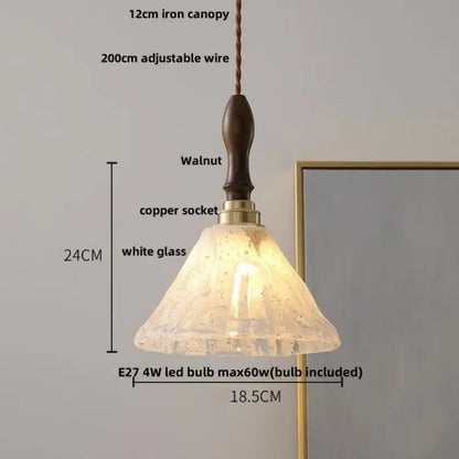 Decorbites™ led pendant light with warm walnut wood handle, copper socket, and translucent white glass shade with speckles