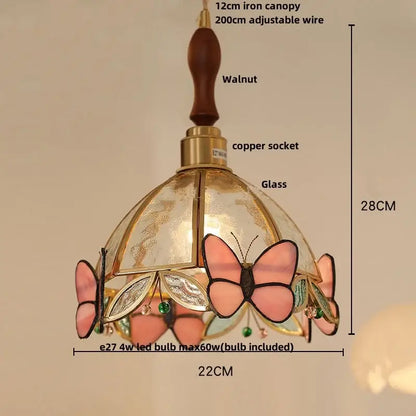 DecorBites™ led pendant light with white glass, pink green butterfly motifs, copper socket, and walnut wood canopy