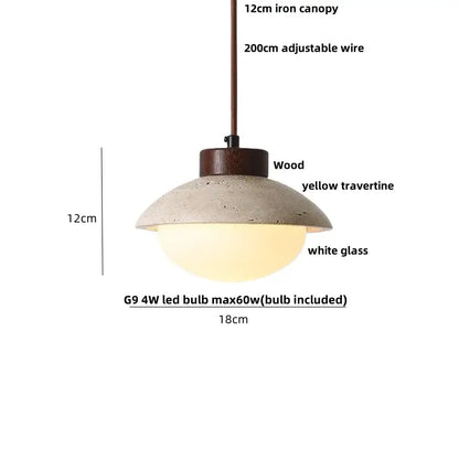 Modern decorbites led pendant light with 12cm iron canopy yellow travertine wood shade and g9 led bulb diffuser