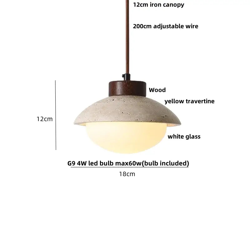 Modern decorbites led pendant light with 12cm iron canopy yellow travertine wood shade and g9 led bulb diffuser