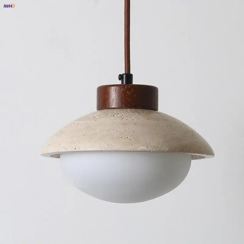 Decorbites led pendant light with yellow travertine wood, beige concrete shade, and frosted glass globe suspended by leather cord