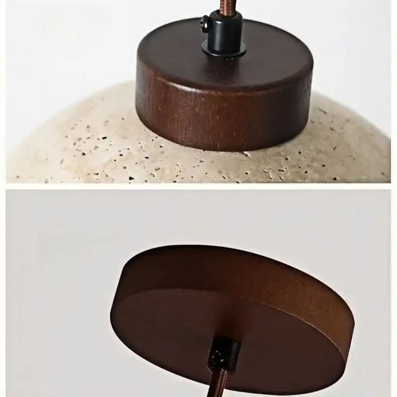 Decorbites led pendant light featuring a rustic concrete shade with dark brown wooden base and metal ceiling mount