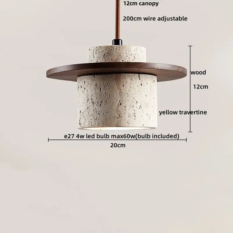 Rustic decorbites led pendant light with yellow travertine cylindrical shade, dark wood canopy, and adjustable wire suspension