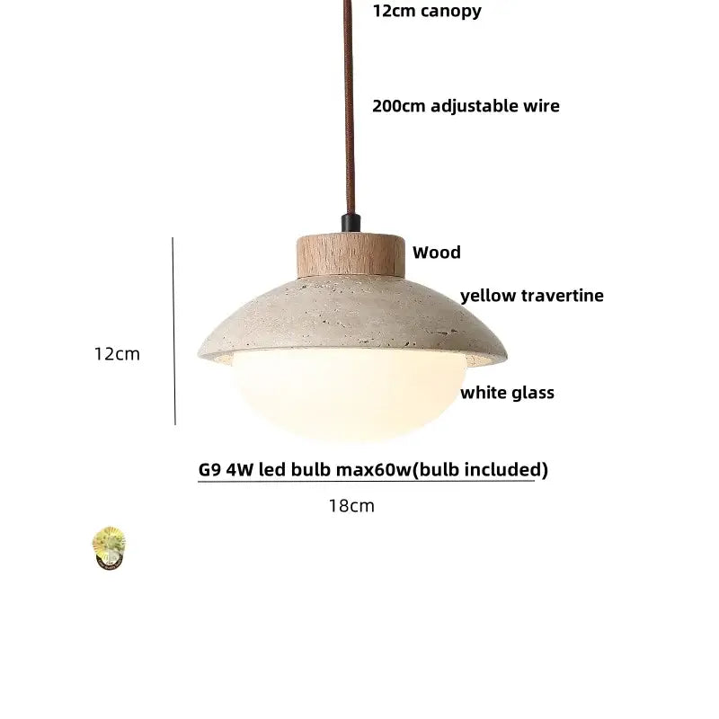 Decorbites led pendant light with wooden canopy yellow travertine shade white glass diffuser and g9 4w led bulb