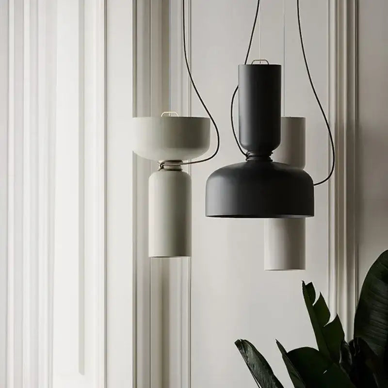 Decorbites led pendant light featuring modern minimalist matte black and off-white iron cylindrical fixtures for versatile use