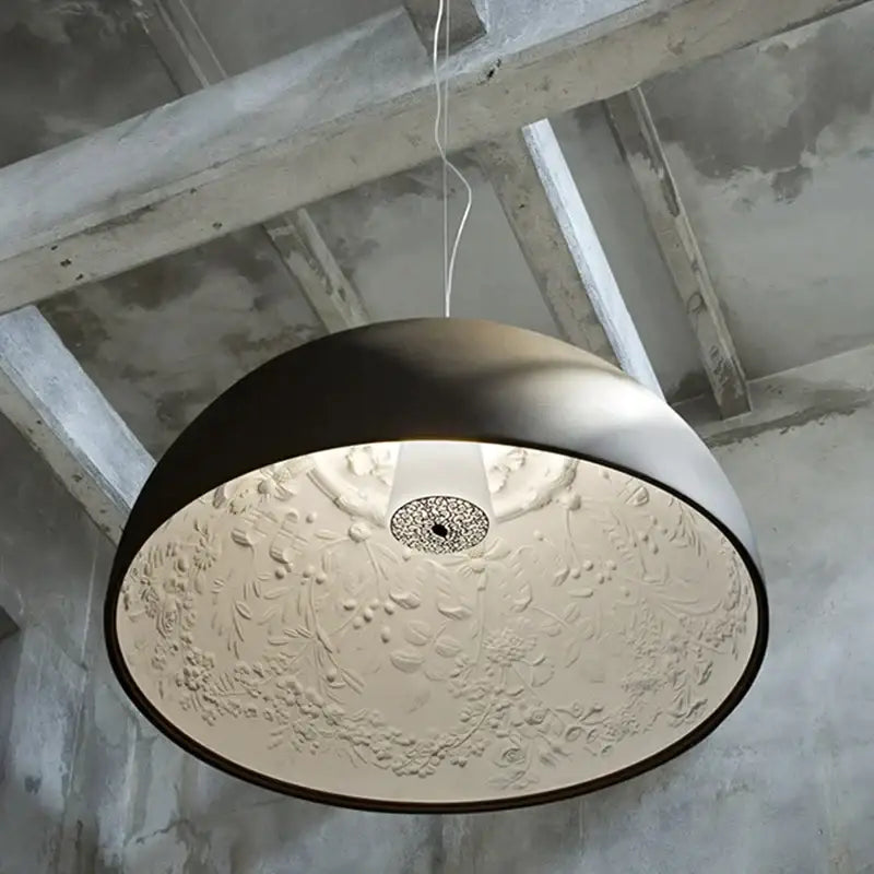 DecorBites™ LED pendant light with matte black rim and embossed cream interior, ideal for modern indoor decor