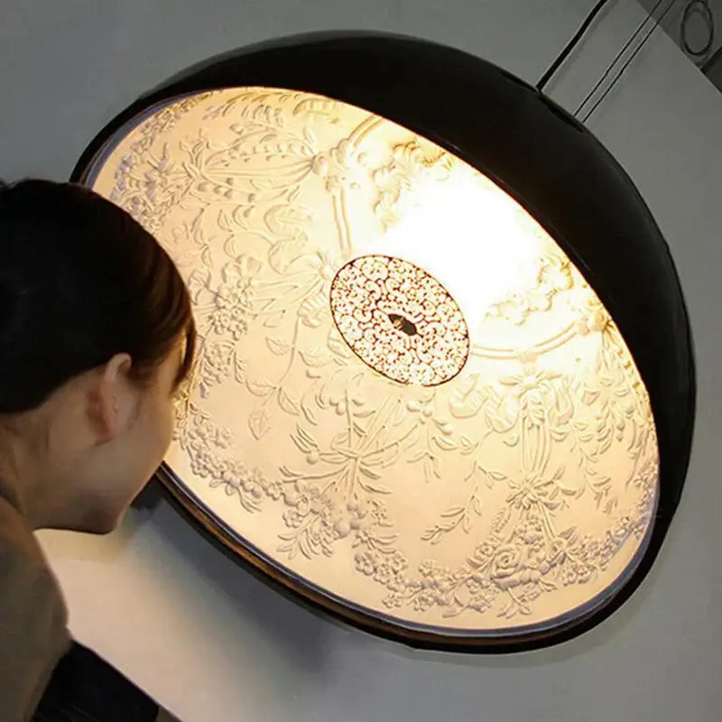 DecorBites led pendant light with warm oval frosted glass and black frame featuring embossed floral design