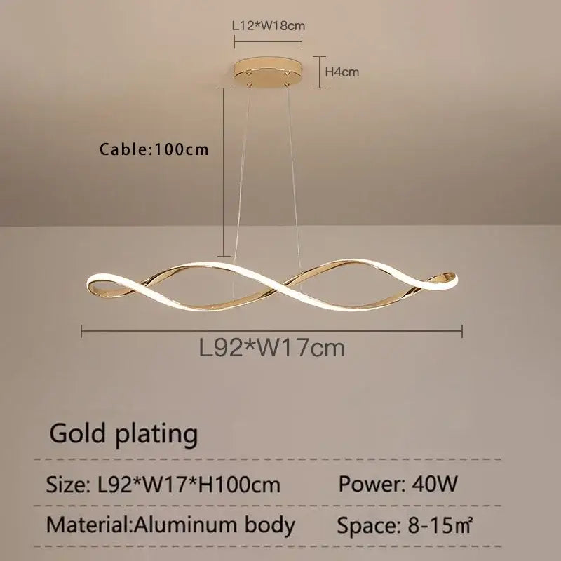 Gold-plated aluminum DecorBites LED pendant light with twisted design and integrated LED for modern living spaces