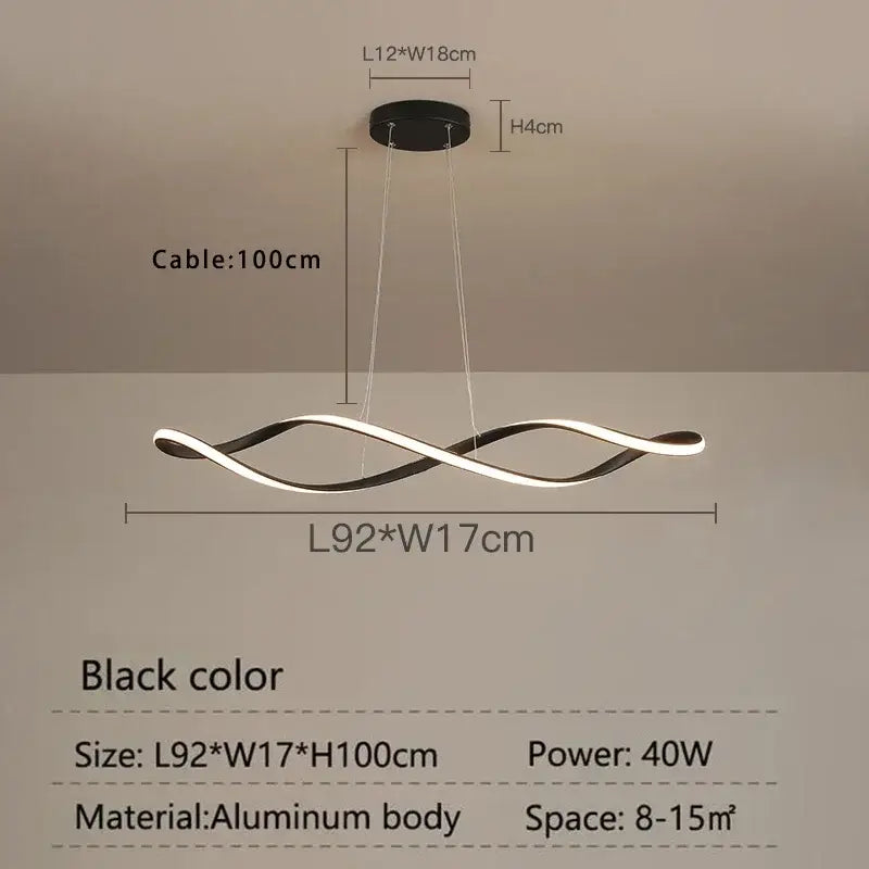 Black modern decorbites led pendant light with sleek twisted aluminum body and illuminated inner curve for living spaces