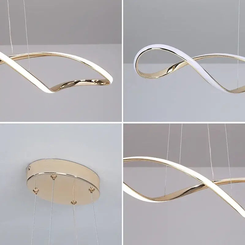 Modern gold-finished DecorBites LED pendant light with infinity-shaped metal frame and integrated LED for living dining room