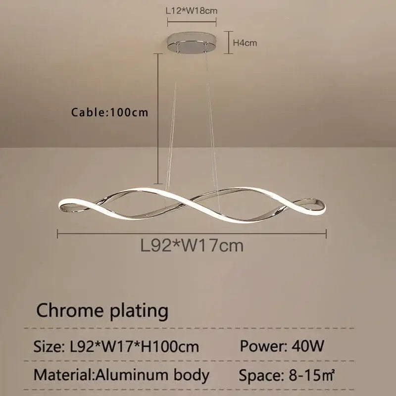 A sleek chrome-plated DecorBites LED pendant light with twisted aluminum design for modern living spaces