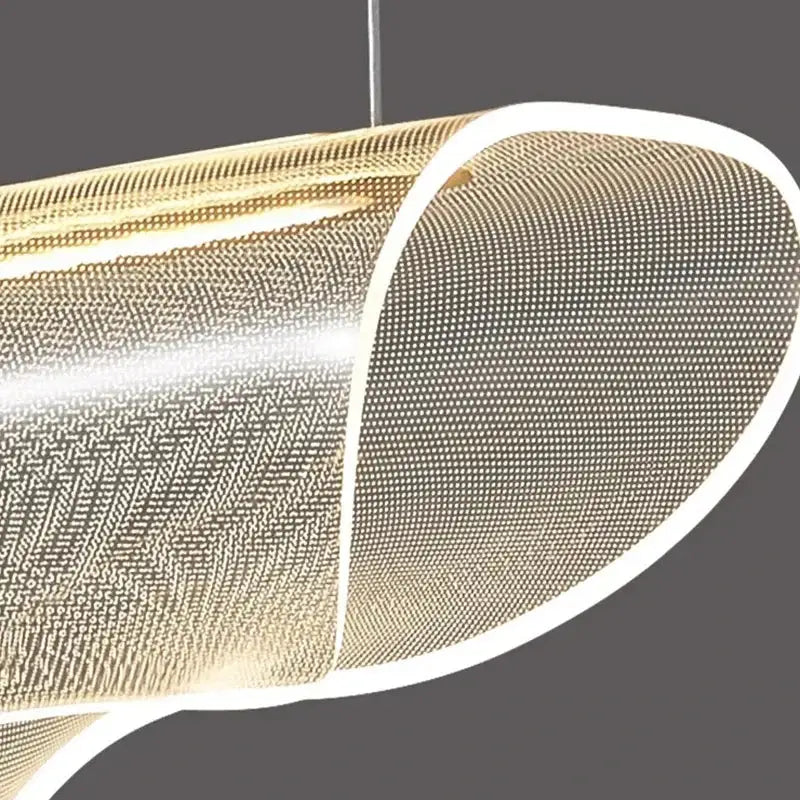Gold-toned DecorBites LED pendant light with sleek mesh design and illuminated edges for modern living and dining rooms