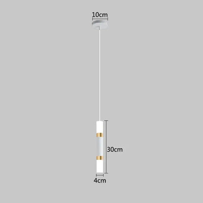 Minimalist decorbites led pendant light with white cylindrical body and gold bands hanging from a ceiling mount