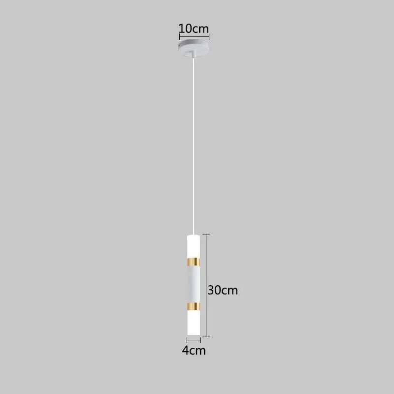 Minimalist decorbites led pendant light with white cylindrical body and gold bands hanging from a ceiling mount