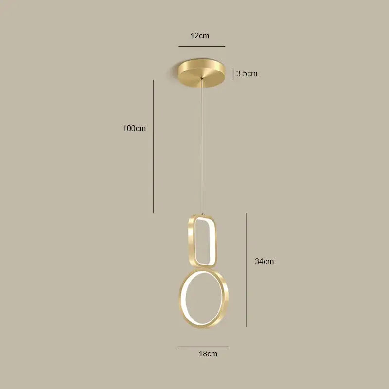 Modern gold-finished DecorBites LED pendant light with sleek geometric oval and circular LED rings for indoor use