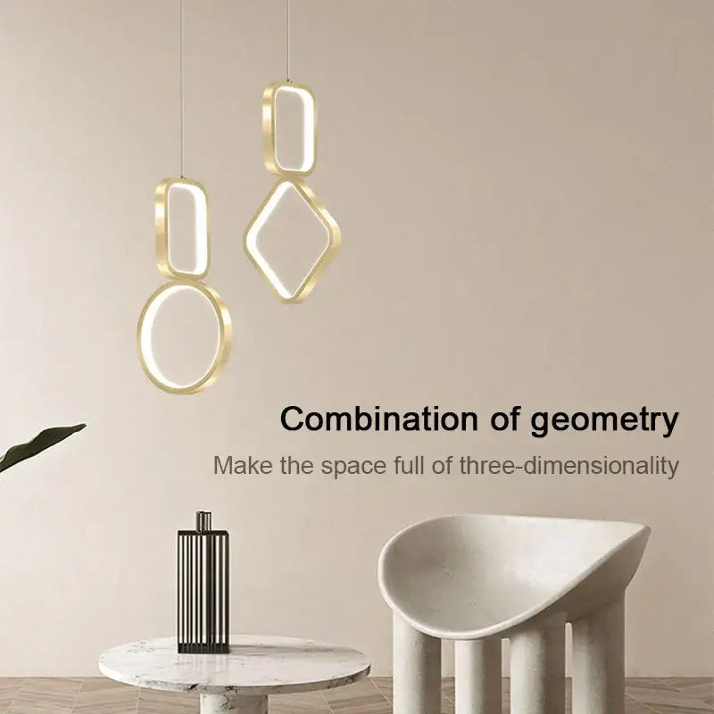 Modern gold-toned geometric decorbites led pendant light with illuminated rectangular diamond and circular shapes for indoor use