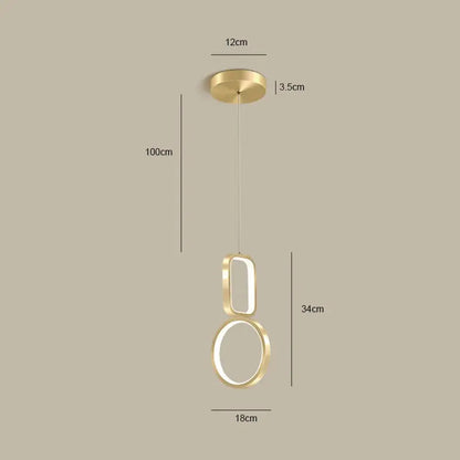 Modern gold-finished DecorBites LED pendant light with geometric oval and circular LED rings for indoor lighting