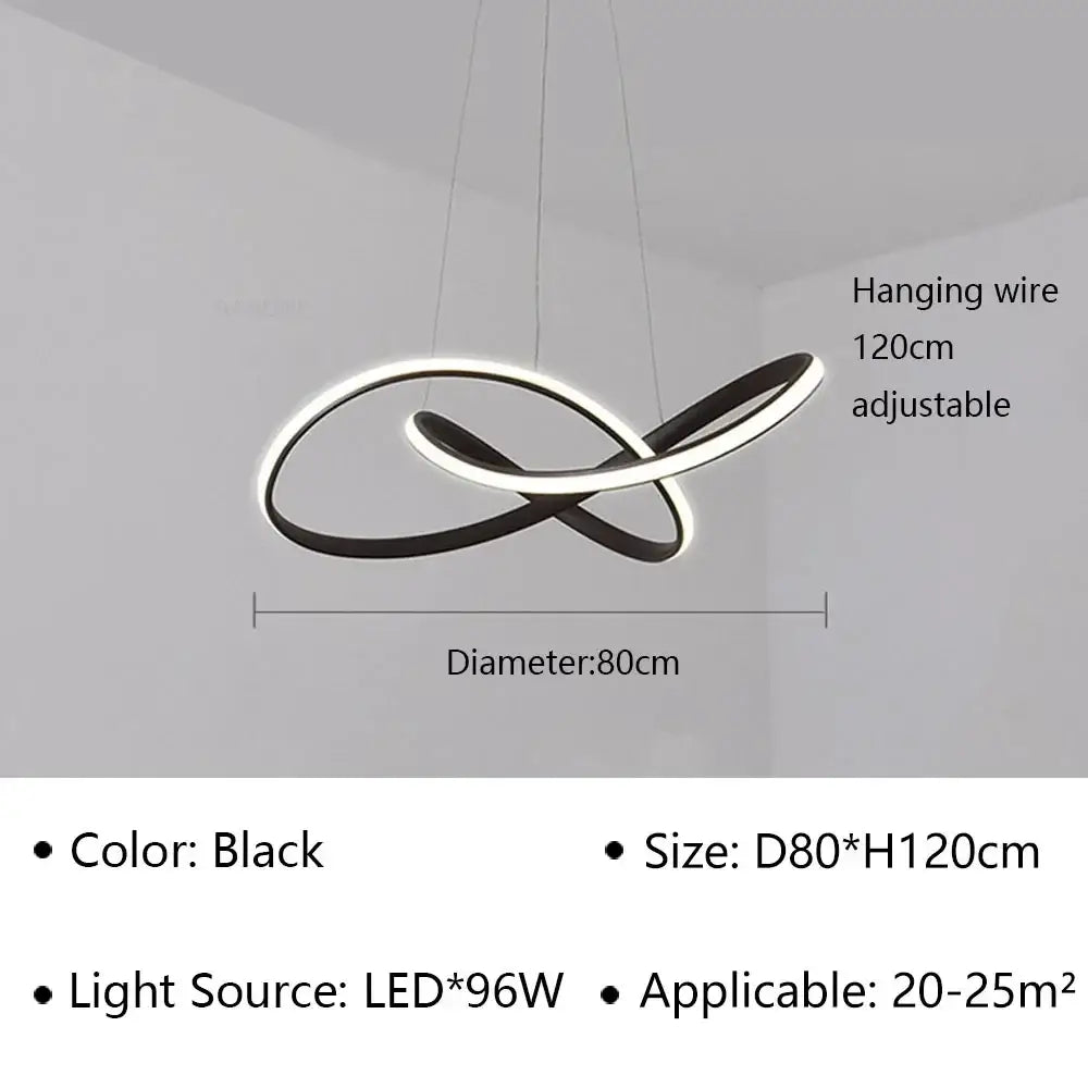 Black infinity-shaped decorbites led pendant light with 96w power for modern living and dining hall decor
