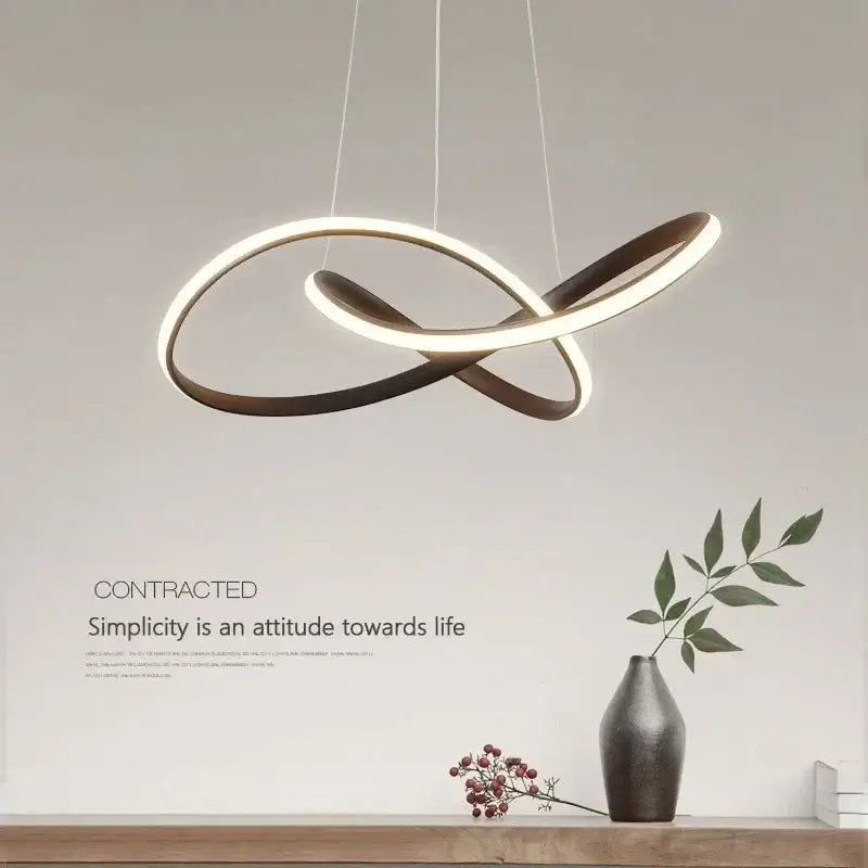 Modern infinity-loop decorbites led pendant light with two interlocking polished metal rings in white led and matte brown