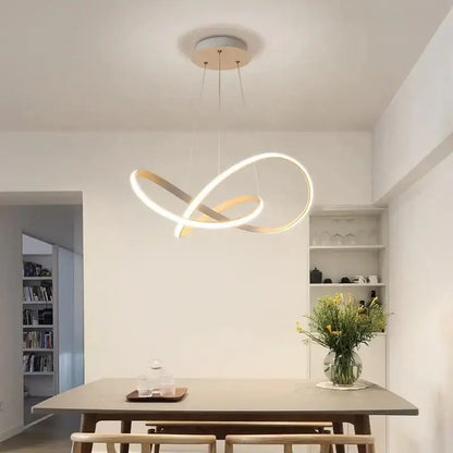 Modern minimalist DecorBites led pendant light with interlocking white and gold rings for living and dining rooms
