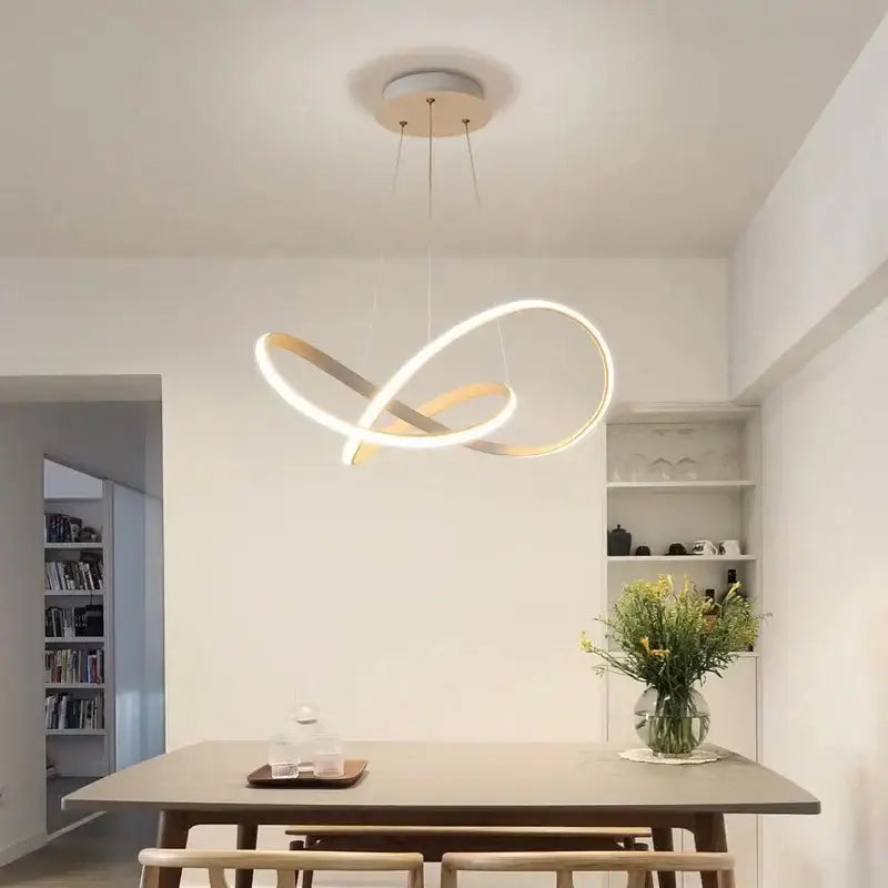 Modern minimalist DecorBites led pendant light with interlocking white and gold rings for living and dining rooms