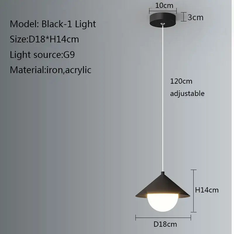 Black conical pendant light with frosted acrylic globe and iron frame adjustable to 120cm for modern decorbites led pendant