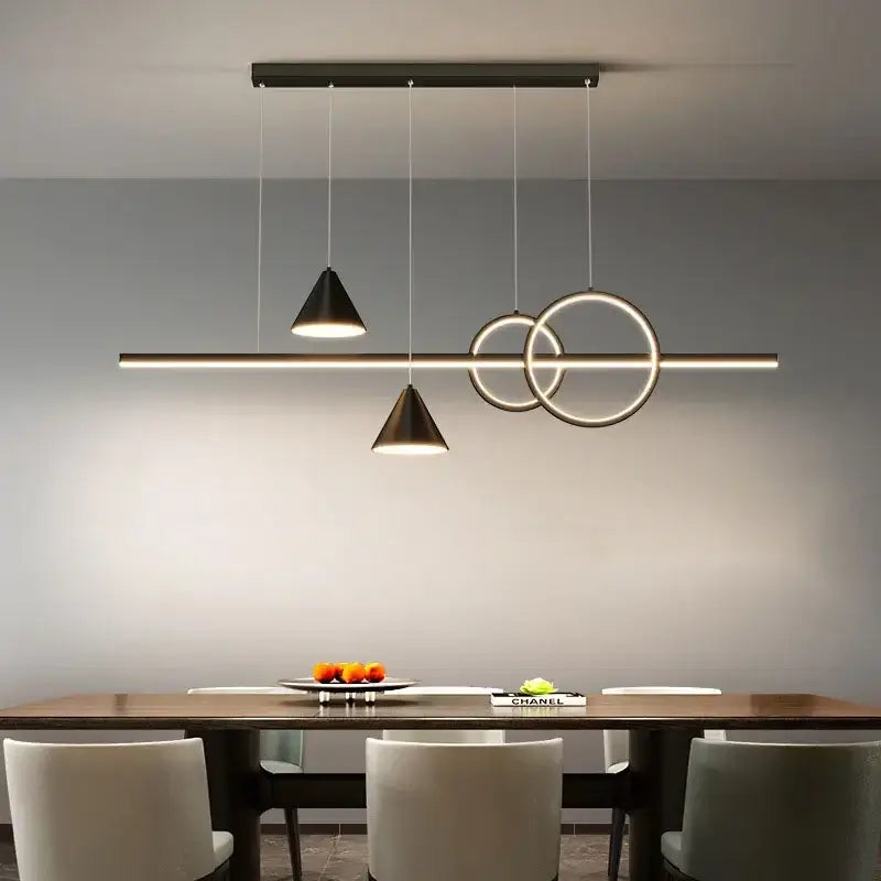 Modern black and gold geometric pendant light fixture with intersecting rings and conical shades decorbites led pendant